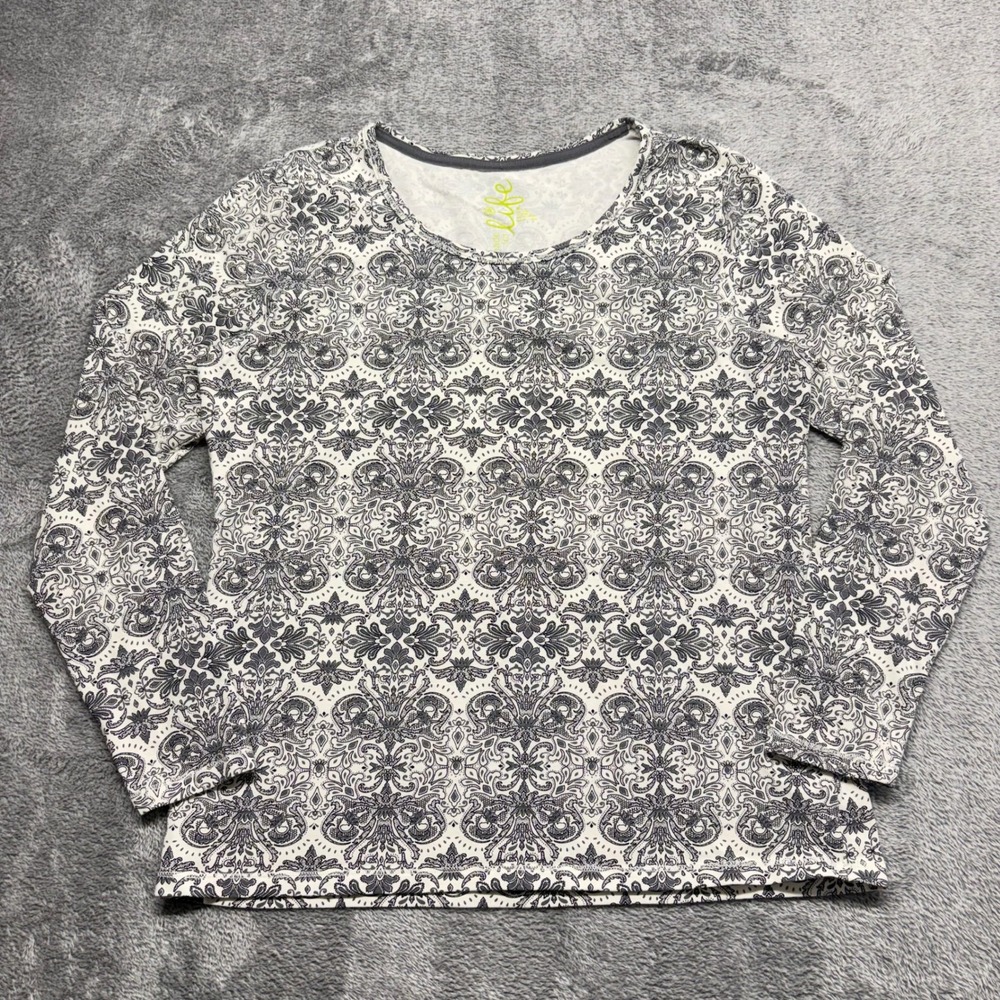 Made For Life Top Women M Grey White Excellent Damask Paisley Long Sleeve Shirt